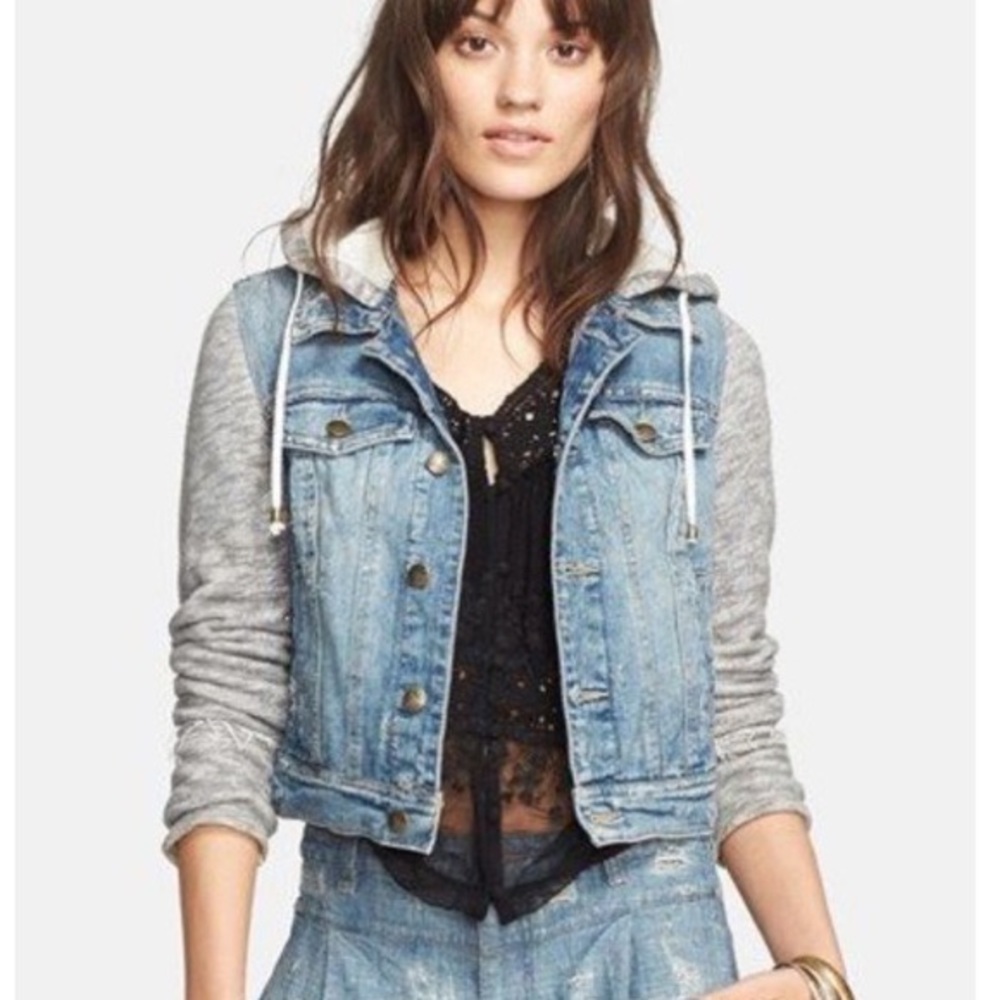 FREE PEOPLE distressed denim hooded jacket